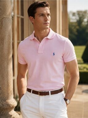 Polo by Ralph Lauren Men's Pink Short-Sleeve Polo with Blue Pony